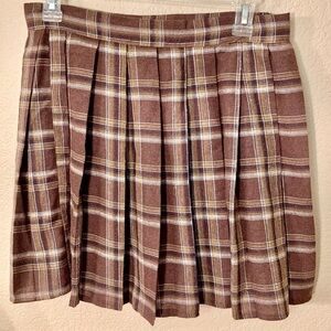 SHEIN Kilt Skirt Large Brown Gold Plaid Side Zip Pleated School Uniform Design